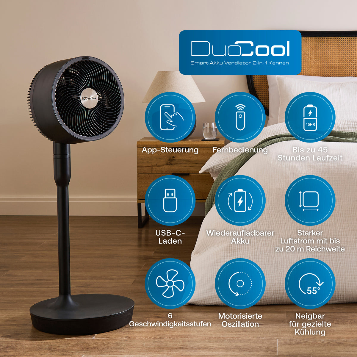 DuoCool Smart 2-in-1 kabelloser Standventilator